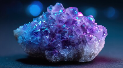 Amethyst Cluster on Dark Surface with Blue and Pink Lighting