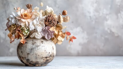 Assortment of Fabric Flowers in Rustic Ceramic Vase on Textured White Table Against Gray Background