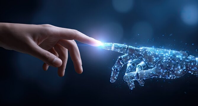 Human hand touching a digital robot hand - Powered by Adobe