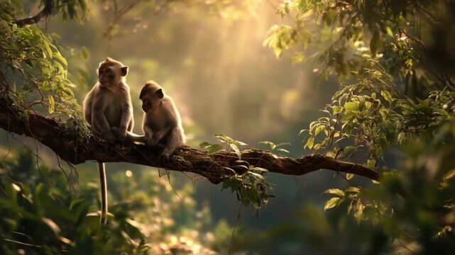 Two monkeys perched on a sunlit branch amid lush jungle, bathed in a warm, tranquil amber, soft glow