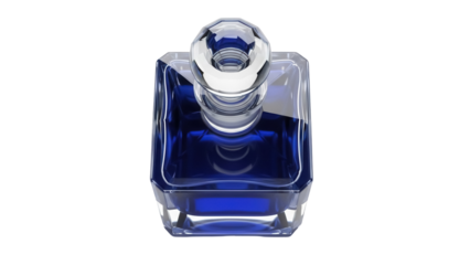 Elegant square perfume bottle with blue liquid isolated PNG, luxury fragrance container on transparent background for beauty and cosmetic design