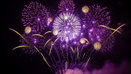 a vibrant display of purple and gold fireworks illuminating the dark night