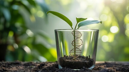 A small green plant growing in a glass cup with a D N A helix inside DNA helix soil