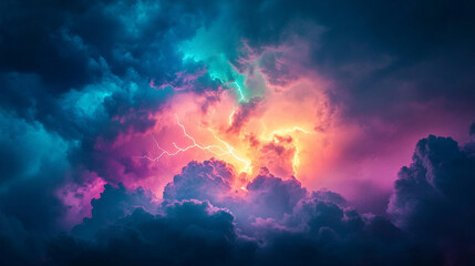 Nighttime thunderstorm with flashing lightning and colorful neon glows illuminating storm clouds, capturing intense energy, dramatic atmosphere, and vibrant electrical activity in the sky.
