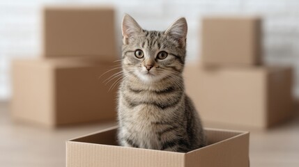 Adorable tabby cat sitting inside a cardboard box with blurred boxes in the background, capturing the playful essence of pets in a cozy home environment