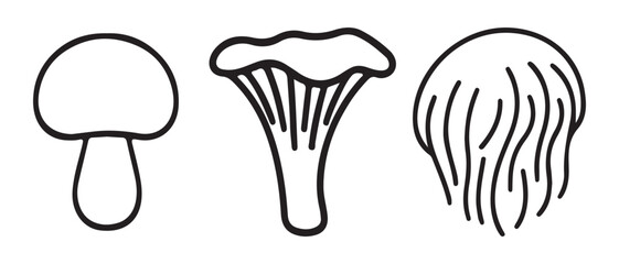 A collection of various outline style mushroom icons including generic, chanterelle, and lion's mane. © CreatetiveDesignX