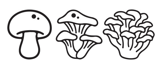 Simple black and white line art illustration of three different types of edible mushrooms.