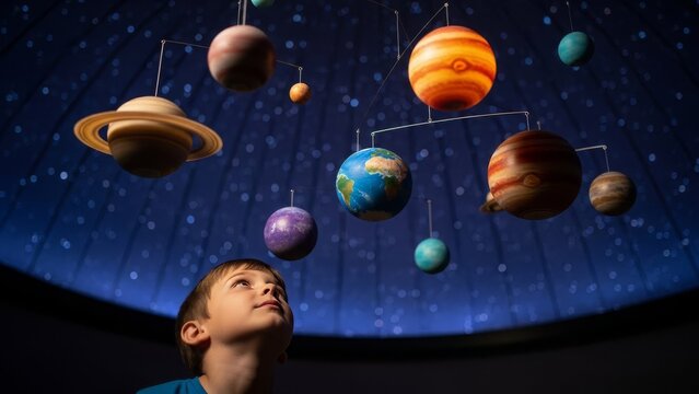 Boy in blue shirt looking up at a solar system model in a planetarium