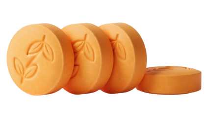 Four orange round pills with leaf design isolated PNG, dietary supplement for health and wellness on transparent background