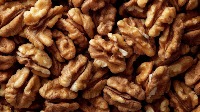 Top‑view close‑up of peeled brown walnut kernels filling the frame, revealing natural irregular shapes and textures that evoke wholesome food, nutrition, and rustic culinary appeal. 
