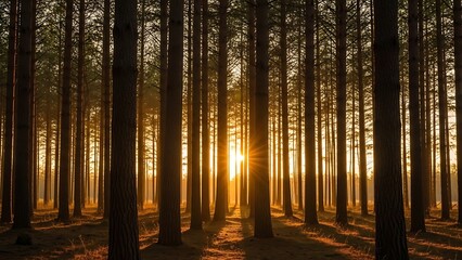 Golden Sunburst Piercing Through a Tranquil Silhouetted Pine Forest.