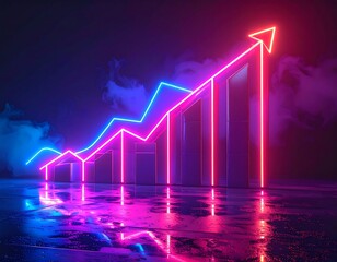Glowing neon charts and arrow against dark, smoky background