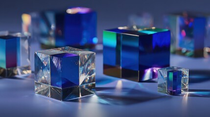 Prismatic Cubes Displayed on a Smooth Surface with Gradient Lighting Reflecting Diverse Colors and Shadows