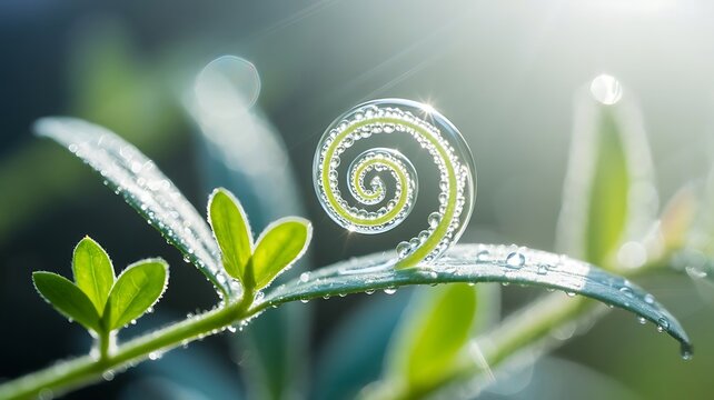 Closeup of a spiral shaped fern frond with water droplets in sunlight green