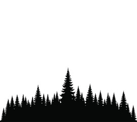 Fototapeta premium Black pine forest silhouette landscape with evergreen trees on a white background.