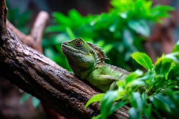 Basking lizard on branch in a vibrant terrarium setting Generative AI