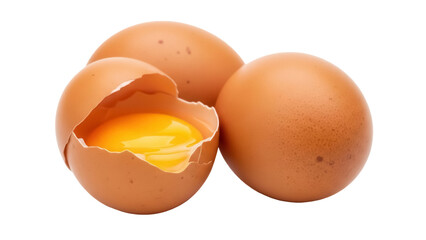 Three brown chicken eggs, one cracked open with yolk isolated PNG, nutritious food ingredient on transparent background for cooking and baking