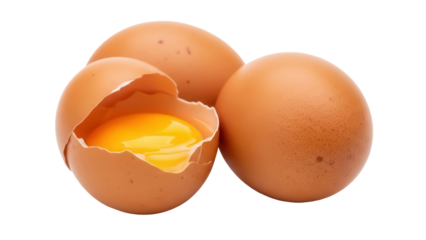 Three brown chicken eggs, one cracked open with yolk isolated PNG, nutritious food ingredient on transparent background for cooking and baking