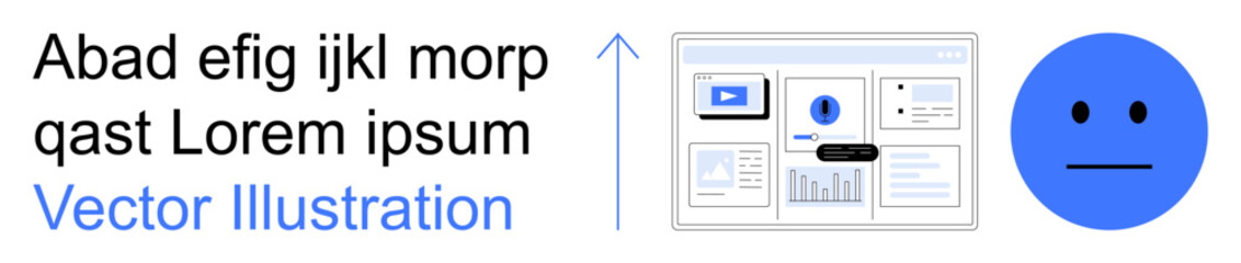 Fototapeta premium Data visualization, feedback, emotions analysis, user interface, digital presentation, corporate tools. Neutral face beside data report interface. Data visualization and feedback concepts