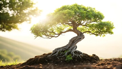 Obraz premium Miniature Bonsai Tree with Exposed Twisted Roots in Sunlit Landscape