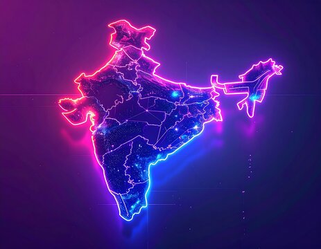 Glowing neon outline of the Indian subcontinent on a dark background