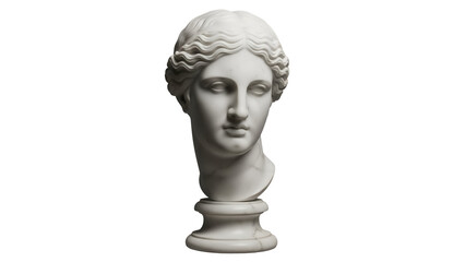 Marble bust of a woman isolated PNG on transparent background, classical sculpture of a female head with intricate hairstyle, art history