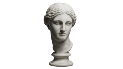 Marble bust of a woman isolated PNG on transparent background, classical sculpture of a female head with intricate hairstyle, art history
