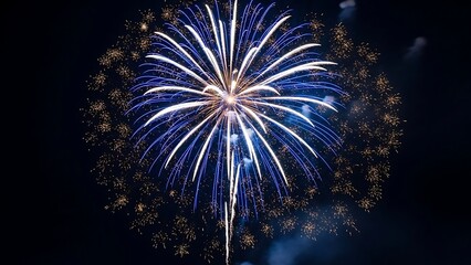 A beautiful display of vibrant blue and white fireworks exploding in the