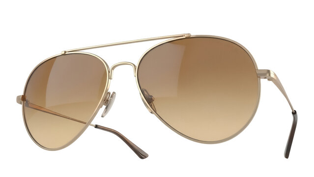 Gold aviator sunglasses with brown gradient lenses isolated PNG, stylish eyewear for sun protection and fashion accessory