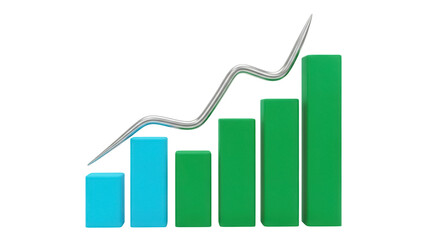 Growing bar graph with upward trend line isolated PNG, business growth and financial success concept on transparent background