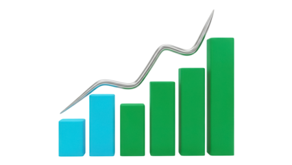 Growing bar graph with upward trend line isolated PNG, business growth and financial success concept on transparent background