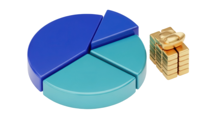 Pie chart with gold bars isolated PNG, business data visualization for financial analysis and investment decisions on transparent background