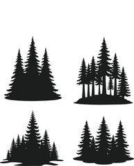 Fototapeta premium Black pine tree silhouette clusters and forest groups isolated on white background