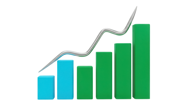 Growing bar graph with upward trend line isolated PNG, business growth and financial success concept on transparent background - Powered by Adobe