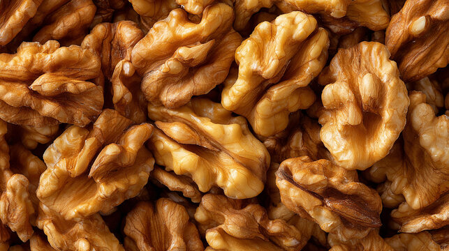 Top‑view close‑up of peeled brown walnut kernels filling the frame, revealing natural irregular shapes and textures that evoke wholesome food, nutrition, and rustic culinary appeal. 
