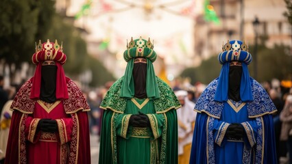 Obraz premium Three men in regal, jeweled crowns and ornate robes stand in procession during an outdoor festival.