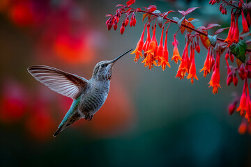 Obraz premium Hummingbird hovering near vibrant flowers in garden at sunset Generative AI