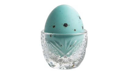 Speckled robin egg in crystal glass isolated PNG, Easter decoration on transparent background for holiday design projects