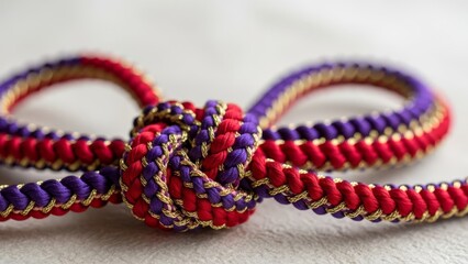 Close-up of a decorative Japanese Kumihimo braid with intricate knot and red, purple, gold threads on a textured surface.