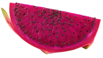 Vibrant red dragon fruit slice isolated PNG, exotic tropical fruit with black seeds on transparent background for healthy eating concepts