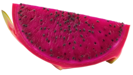 Vibrant red dragon fruit slice isolated PNG, exotic tropical fruit with black seeds on transparent background for healthy eating concepts