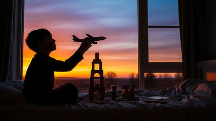 Silhouetted boy on bed playing with toy airplane beside a structure of building blocks, vibrant sunset sky through window