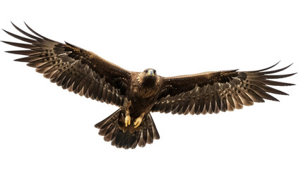 Majestic golden eagle flying isolated PNG on transparent background, powerful bird of prey with outstretched wings for wildlife and nature designs