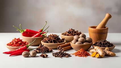 A vibrant assortment of various spices and herbs, including chili peppers, star anise, cinnamon, nutmeg, cloves, and turmeric, arranged in wooden bowls.
