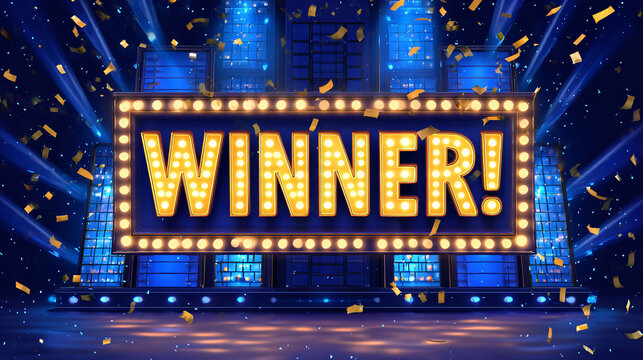A bright sign displays 'WINNER!' amidst a festive blue-lit background with confetti.