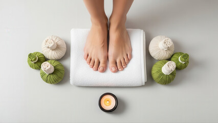 Relaxing spa scene with feet resting on a white towel surrounded by green herbal compresses and a lit candle, creating a soothing and serene atmosphere
