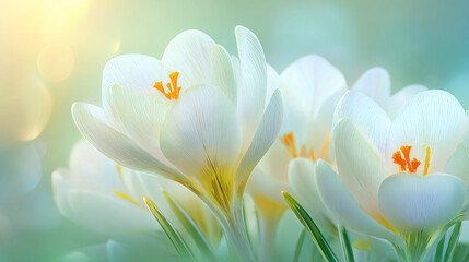 Fototapeta premium Close-up of white crocus flowers with orange stamens, soft light background.