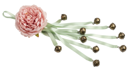 Isolated flower peony with ribbons and jingle bells, handcrafted bridal accessories decor