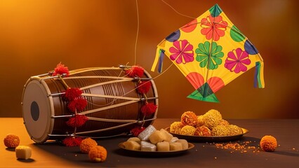 Indian festival celebration setup with dhol, colorful kite, and sweets on a dark table with bokeh background.