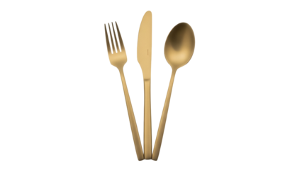 Elegant gold cutlery set isolated PNG, modern flatware with fork knife and spoon on transparent background for restaurant and kitchen design